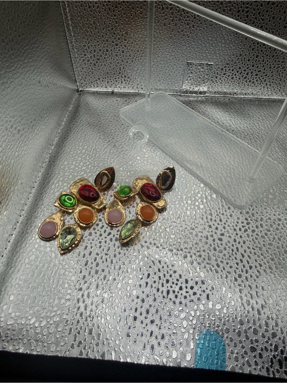 Gold-Tone Multi Gemstone Drop Earrings - Green, Red, Orange, Pink Accents